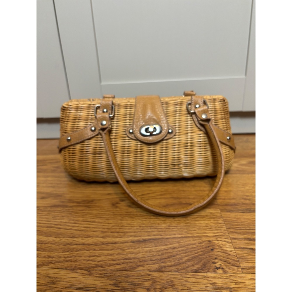 Vintage Wicker Handbag Tan Faux Leather Trim Studded Cottagecore Satchel Bag